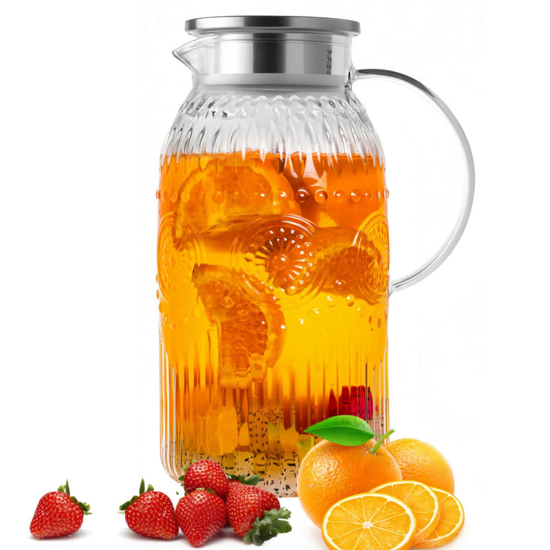 Pichet vintage en verre avec couvercle, carafe à eau en borosilicate résistant à la chaleur, 2 litres (68 oz), lot de 1