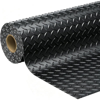 Tapis de plancher de garage 122 x 244 cm (4 x 8 pi), rouleau de revêtement de sol en PVC à motif diamant de 2,8 mm d'épaisseur | Tapis en caoutchouc PVC à motif diamant pour sous-couche de voiture, tapis de moto, tapis de sol antidérapant pour garage, entrepôt, salle de sport, remorque, noir