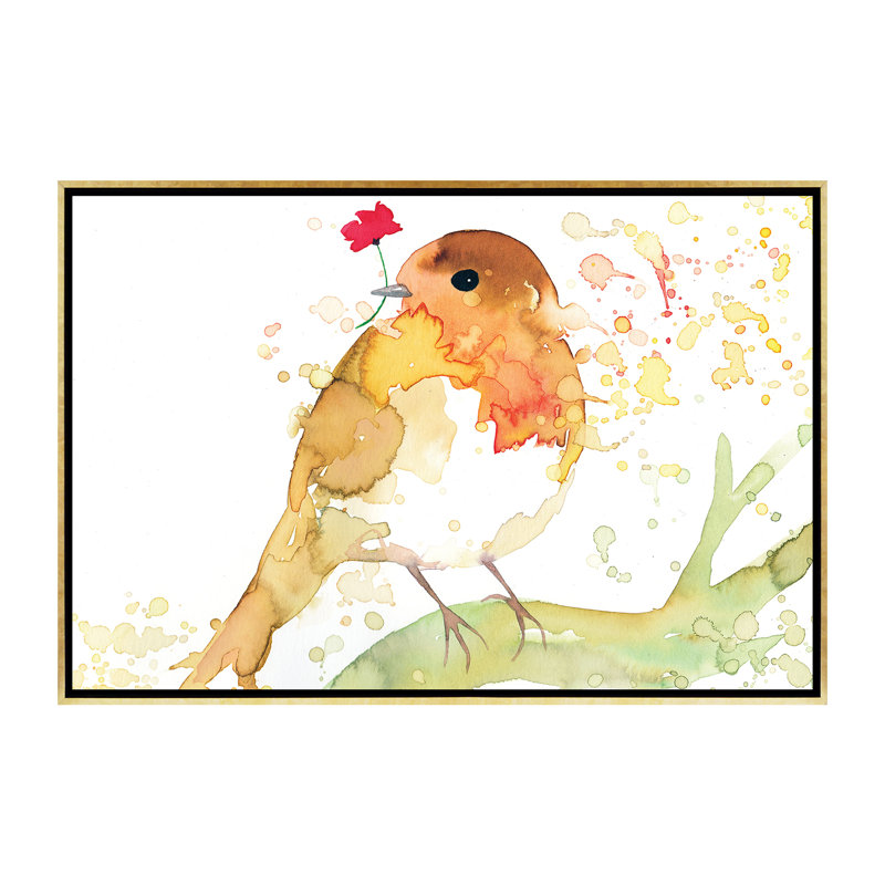 Robin avec coquelicot - reproduction d'art, H 40 po x l 60 po x 1,5 po, Toile encadrée d'or, Pas de tapis