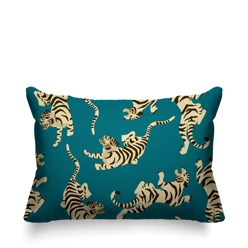 Coussin décoratif intérieur / extérieur Tigger Boho Tiger, 14 po x 20 po, Turquoise
