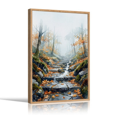 Art mural sur toile Misty Autumn Forest Stream with Stone Steps
