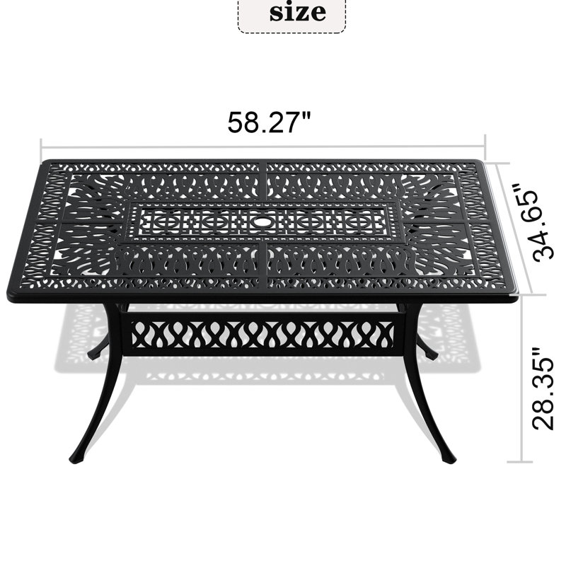 Table de salle à manger d'extérieur en aluminium - noire, rectangulaire, trou de parasol, peu encombrante, 6 pièces, avec large