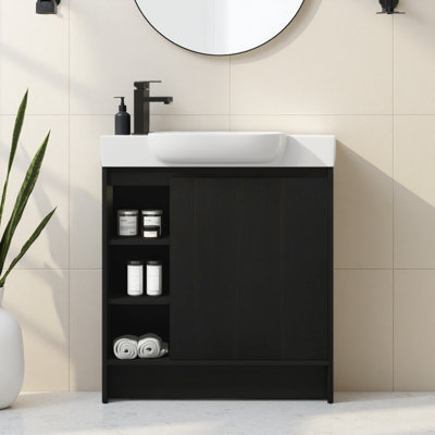 Meuble-lavabo autoportant de 30 po avec lavabo en céramique et porte à fermeture en douceur, chêne foncé, contreplaqué
