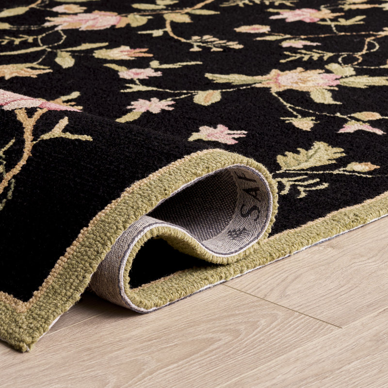 Kinchen Hand Hooked Wool Floral Rug, Runner 2'6" x 6', Black