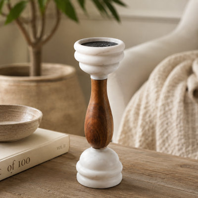 Handcrafted Marble & Wood White Pillar Candleholder
