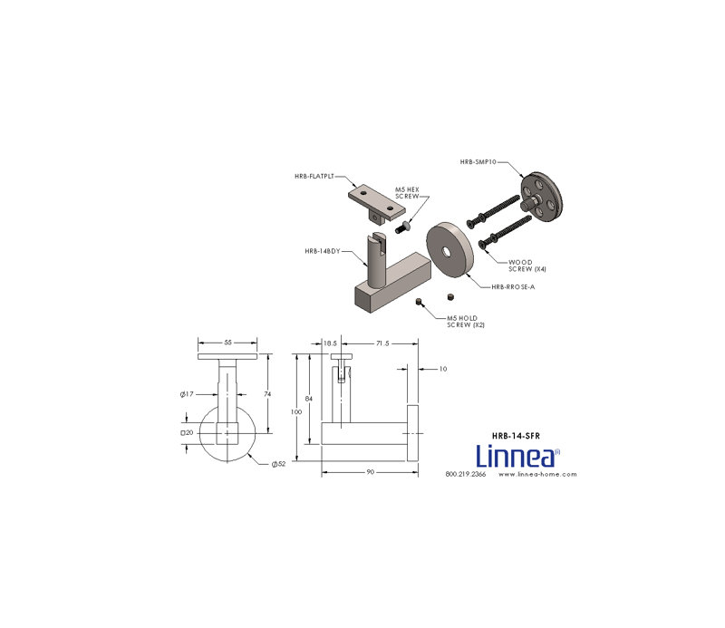 Surface Mount Handrail Bracket with Round Rose and Flat Plate, Satin Stainless Steel