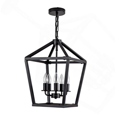 Lustre lanterne de ferme à 5 lumières, suspension géométrique en métal noir mat avec chaîne réglable, pour îlot de cuisine, salle à manger, hall d'entrée (ampoules non comprises)