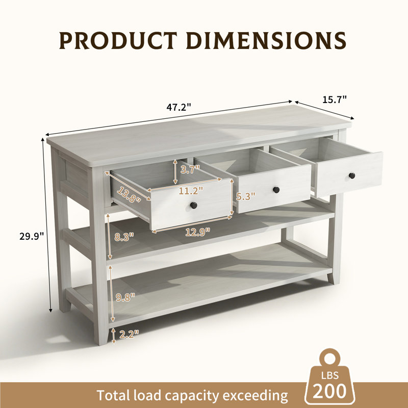 Nibbi 47" Console Table with Wood Frame and Legs, 3 Drawers and 2 Open Shelves Gray, Beige 