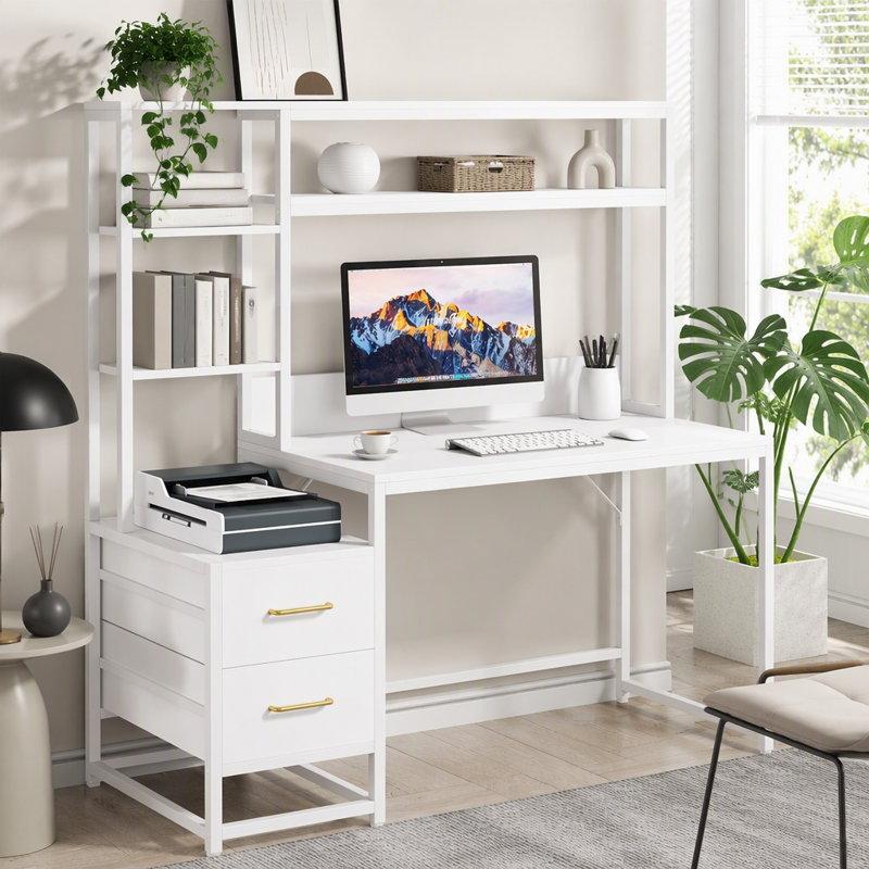 Bureau d'ordinateur 55 pouces blanc avec huche, 2 tiroirs et tablettes ouvertes - Bureau de bureau moderne pour bureau et jeux