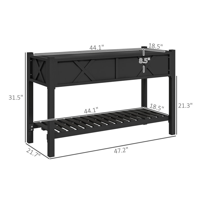 Raised Garden Bed, 47 X 22 X 31.5 In. Elevated Wood Planter Box With Storage Shelf, Drainage Holes, And Liner, Black, Black