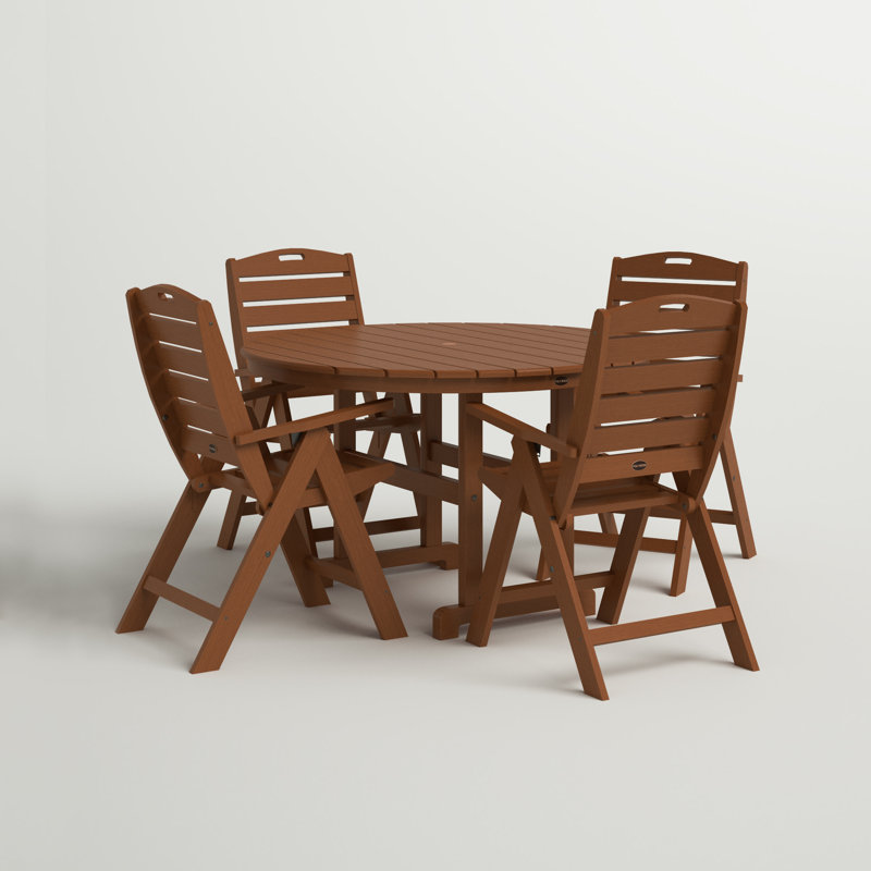 Nautical Folding Chair 5-Piece Round Farmhouse Dining Set, Teak