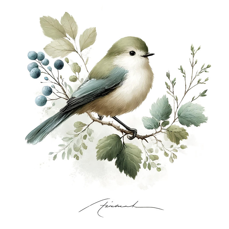 «Soft Green Bird and Berries», art mural sur toile tendue, H 30 po x l 30 po x P 1,5 po