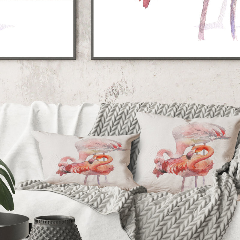 Flamants roses sur fond blanc Sky Bird II - Coussin décoratif à imprimé traditionnel, 16 po x 16 po