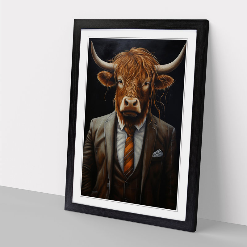Highland Cow In A Suit Painting No.2 - Single Picture Frame Print on Wood, Black Framed, 46cm H x 34cm W x 2cm D