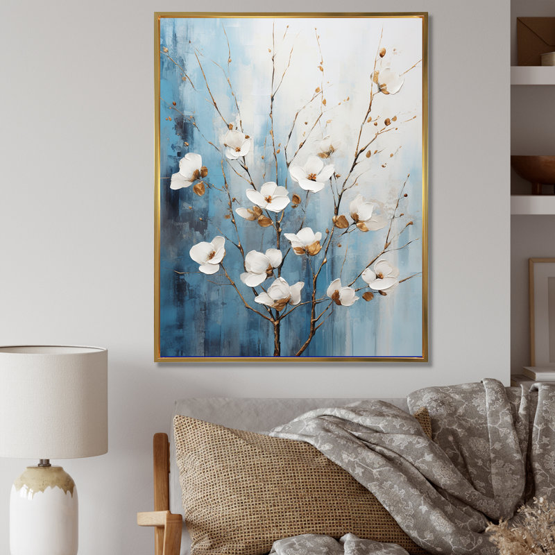 Dogwood blanc et bleu Peacefulness II - impression, Cadre flottant doré, H 32 po x l 16 po x P 1 po
