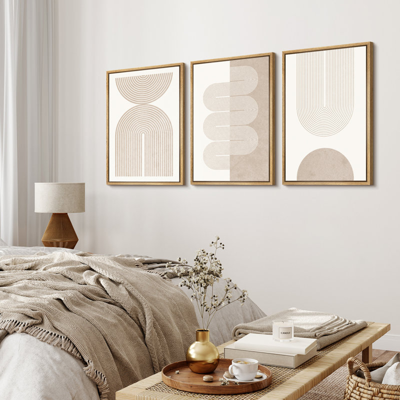 Mid Century Modern Boho Duotone Beige Abstract Shape Framed Canvas 3 Pieces Print Wall Art Neutral Decor