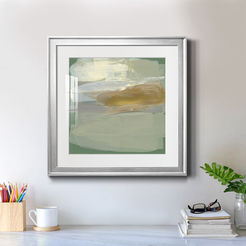 «Sage & Gold Swipe I», reproduction encadrée prête à accrocher, H 24 po x l 24 po x P 1 po, Cadre argenté