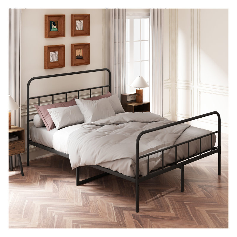 Structure de lit plateforme en métal avec tête de lit et pied de lit - Structure de lit robuste en fer avec rangement sous le lit, aucun sommier nécessaire, assemblage facile, noir