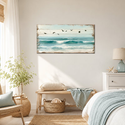  Plage, reproduction d'art sur toile, rustique, photos de l'océan, décoration côtière, paysage marin serein, art mural de style grande planche tropicale pour le salon, la chambre et la salle de bain, 12 x 24 pouces