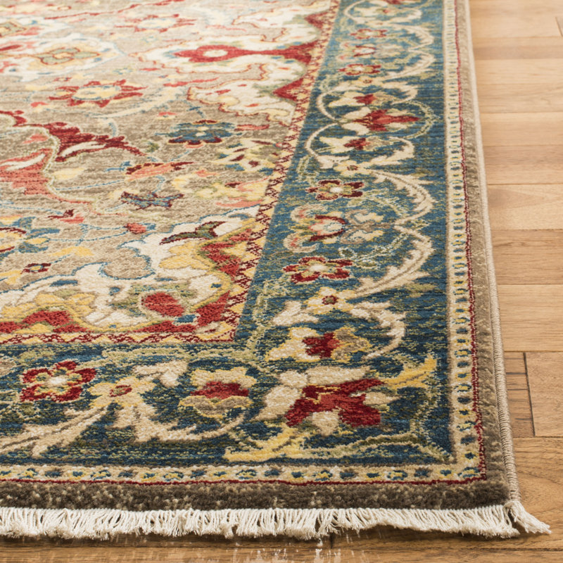 Bisen Performance Oriental Rug, Round 6'7", Taupe/Blue