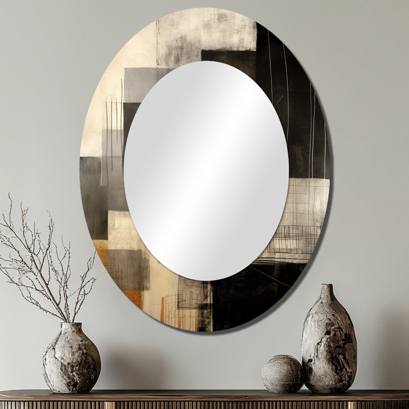 Black Mid Century Fusion II - Beige Mid-Century Oval Wall Mirror, 40" x 30"