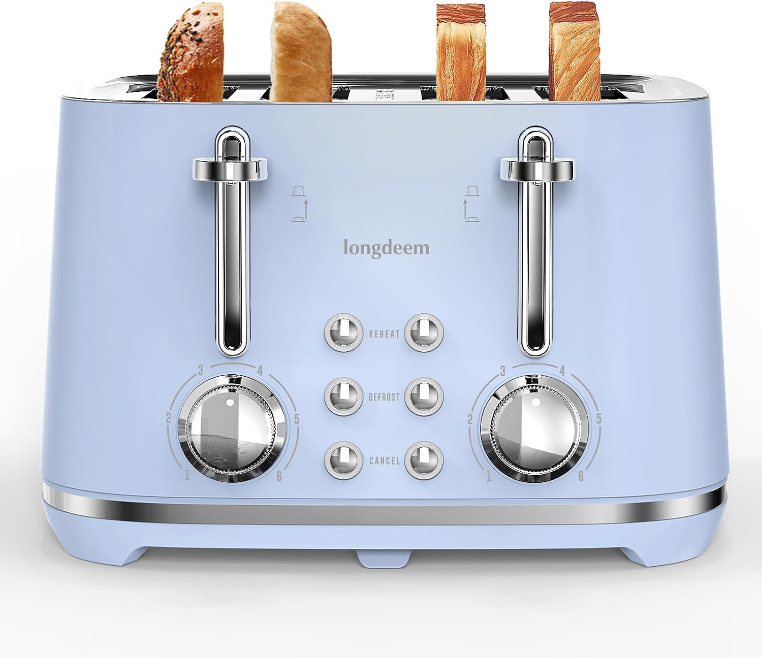 Longdeem 4-slice Toaster, Stainless Steel With Extra-wide Slots,  Bagel/defrost/cancel, 6 Settings, Easy Clean Tray, Large Handle, Chrome  Accents In Stylish Pastel Blue, Compact And Modern