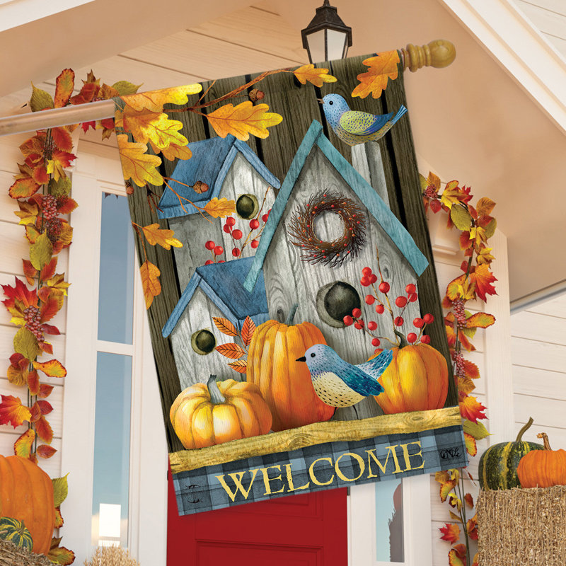 Rustic Fall Birdhouse Welcome House Flag