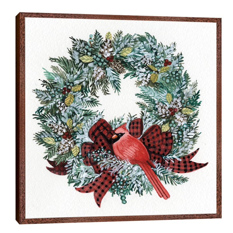 Holiday Wreath I by Kathleen Parr McKenna - Floater Frame Print on Canvas, Brown Framed