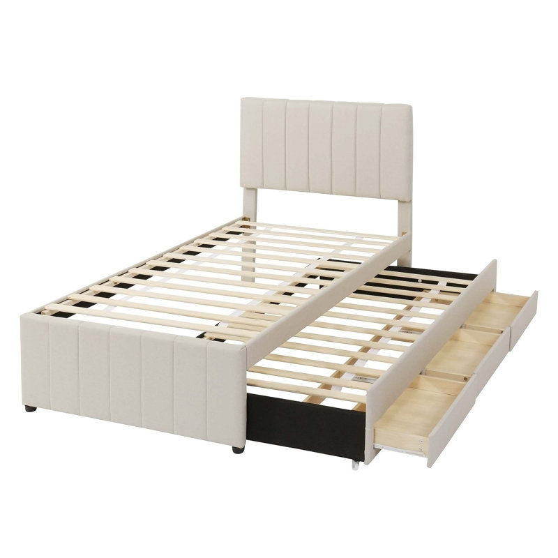 Lit rembourré 3 tiroirs avec lit gigogne, Beige, Simple