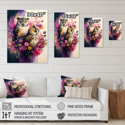 «Cute Owls Floral Art I», reproduction d'art sur toile