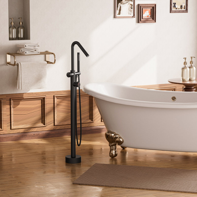 Single-Handle Floor Mount Tub Faucet With Hand Shower & Diverter Modern Outdoor/Indoor Thermostatic Faucet, Matte Black