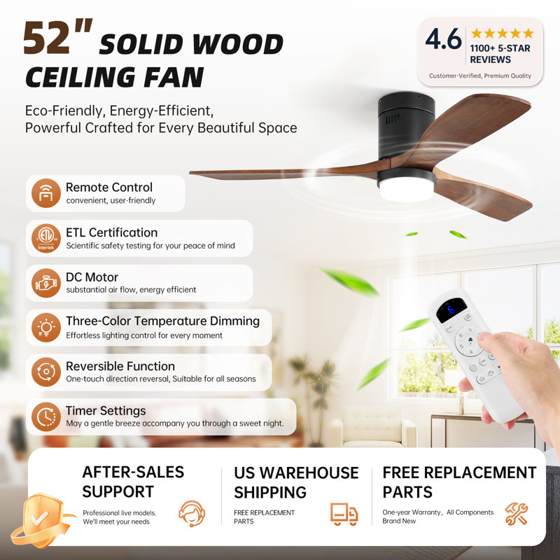 Nicola 52" W 3-Blade LED Ceiling Fan, Black with Brown Blades
