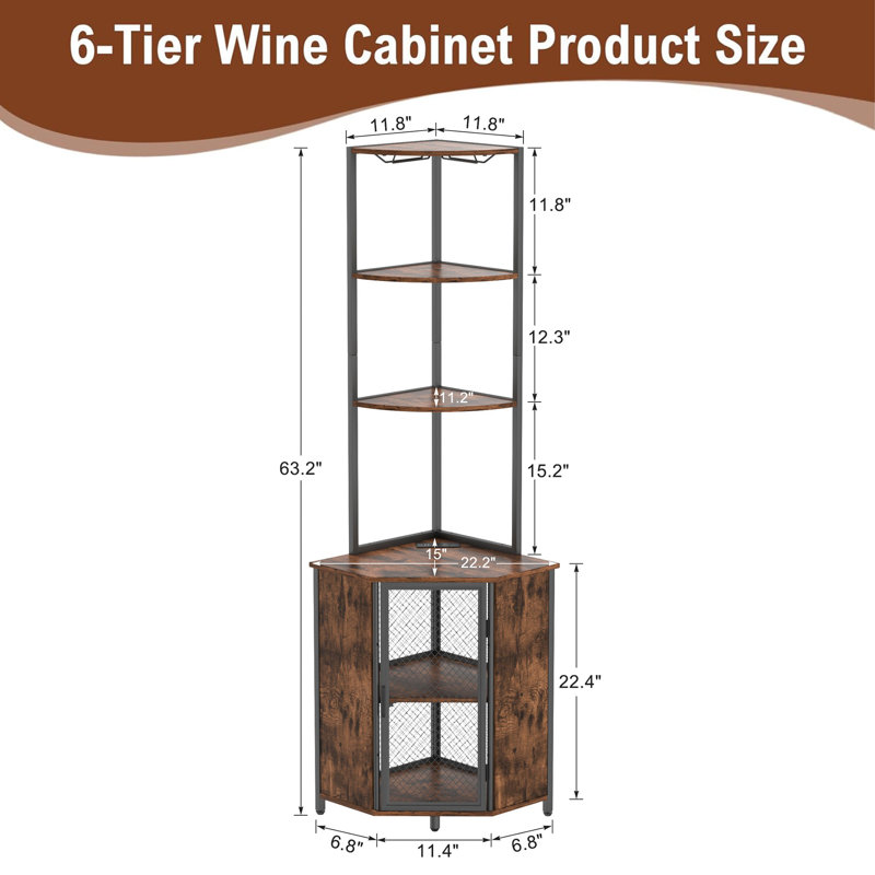22.2'' Corner Triangle 5 Tier Wine Bar Cabinet With LED Light And USB Charging Port, Brown