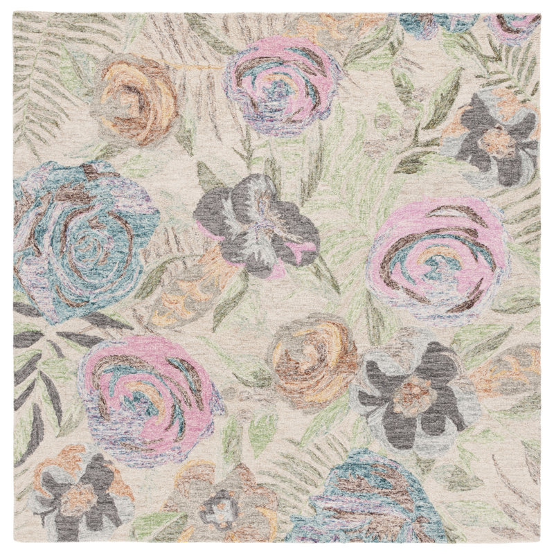 Jonson Tufted Wool/Cotton Performance Floral Rug in Green/Pink, Square 6"
