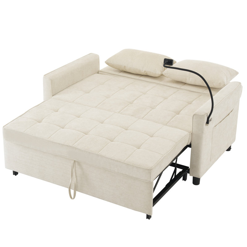 Canapé-lit convertible 56,9 po en chenille avec deux ports USB, support pour téléphone et poches latérales, Beige