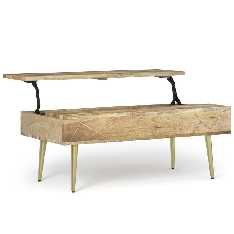 Jager 48"W Solid Mango Wood Contemporary Modern Lift Top Coffee Table with Hidden Storage and Geometric Brass Inlay