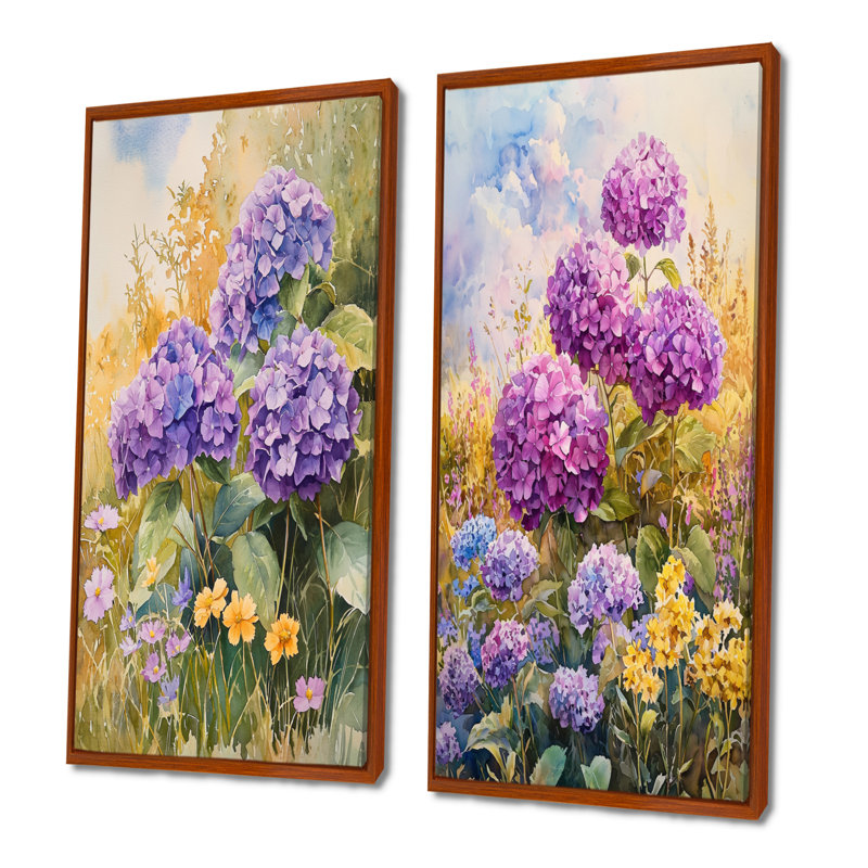 Country hortensias et fleurs sauvages I - impressions sur toile florales 2 panneaux, H 28 po x l 25 po, Cadre flottant brun