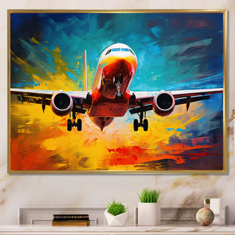 Avion énergique de départ sur toile, Cadre flottant doré, H 24 po x l 32 po x P 1 po
