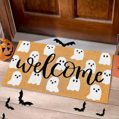 Halloween Natural Coir Doormat Cute Ghost Welcome Floor Mat Non-Slip Entrance Door Rugs For Indoor Outdoor Bathroom Porch Decor, 16.5 X 29 Inch
