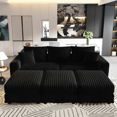 82.7" Upholstered Corduroy Sofa, 6 Piece No Assembly Required Sleeper Couch with Ottomans