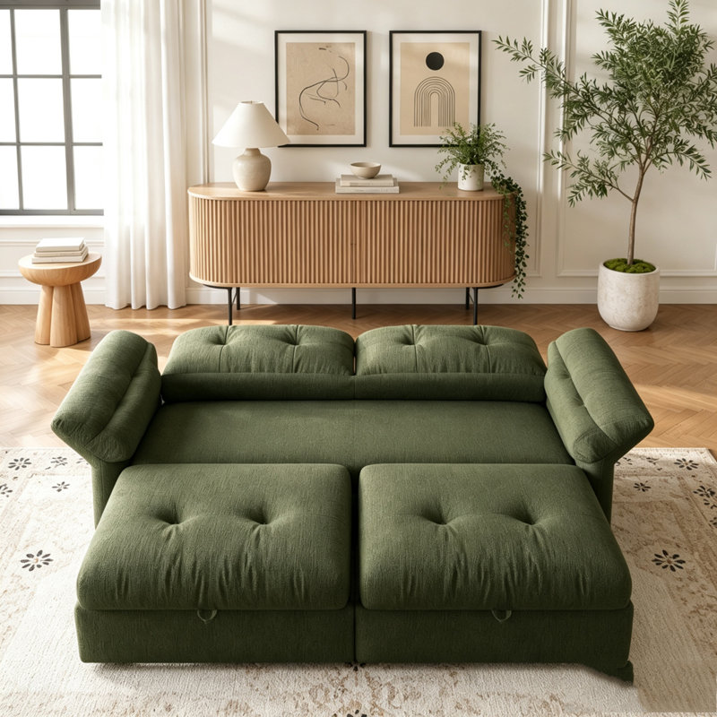 Canapé-lit convertible de 81,5 pouces avec structure en bois massif et tissu chenille doux, Green Chenille