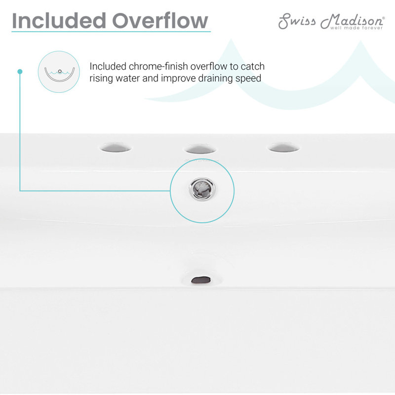 Swiss Madison Carre 34.7" Tall Ceramic Rectangular Pedestal Bathroom Sink with Overflow, White/Chrome