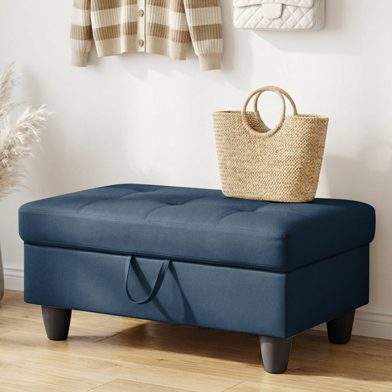 Rectangular Storage Ottoman Bench With Hinged Lid, Faux Leather Footrest For Living Room, Bedroom, Entryway, Dark Blue, 35"X23.5"X17.5"