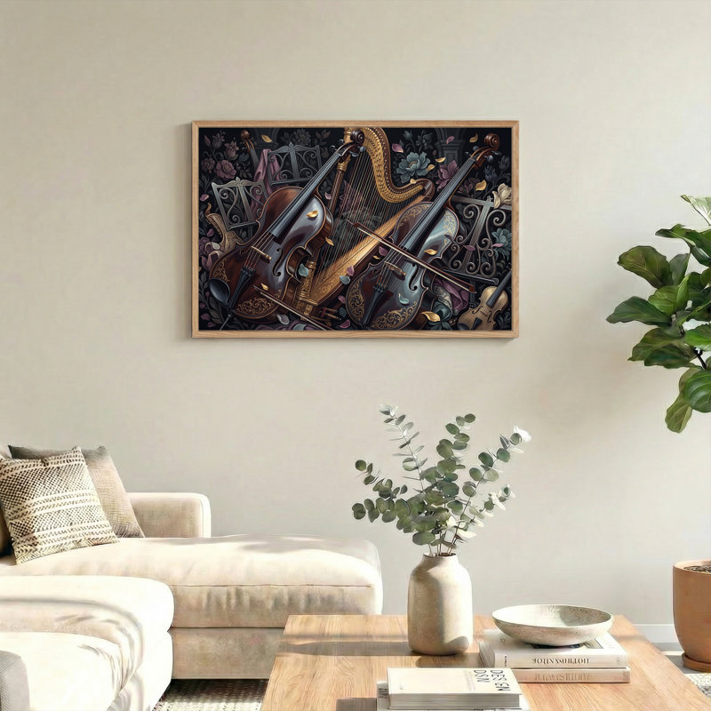 Art mural sur toile en bois foncé violoncelle et harpe dorée avec fleurs, H 36 po x l 48 po