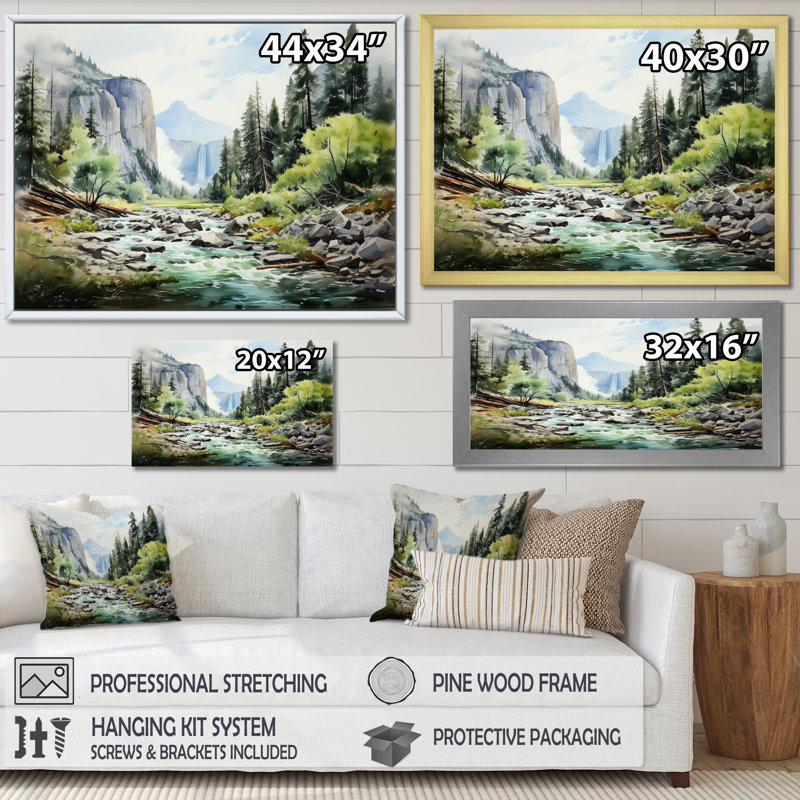 «Green Blue Mountains Cascade Symphony», reproduction d'art sur toile, Cadre naturel flottant, H 24 po x l 32 po x P 1 po