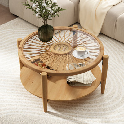 Cordoves 29'' Solid Wood Rattan Coffee Table with Glass Top