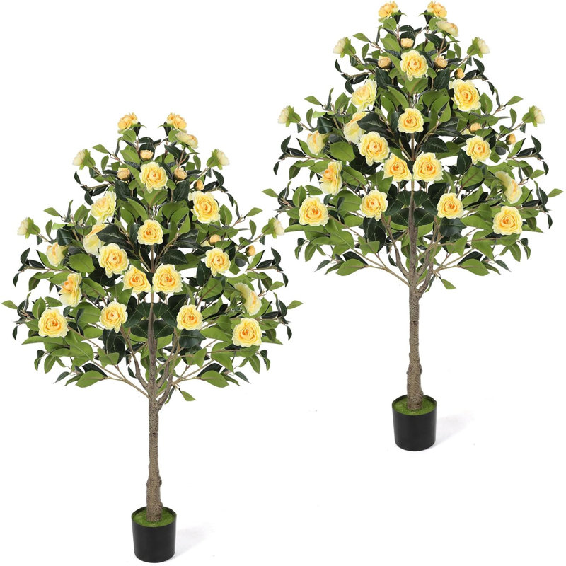 Ensemble de 3 arbres de camélia artificiels 3,9 pi - Jaune