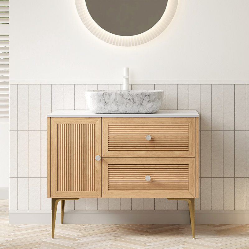 Meuble-lavabo 36 po avec lavabo, rangement en contreplaqué autoportant, finition chêne, contreplaqué haute résistance, grand rangement