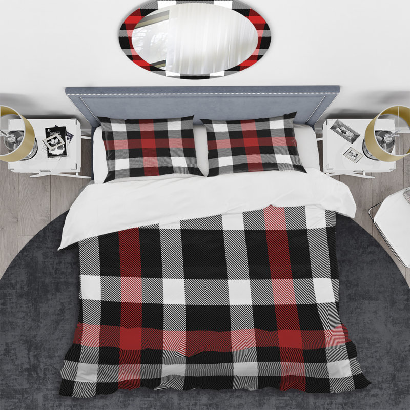 Tartan à carreaux noir et rouge - Ensemble de housse de couette abstrait - Microfibre de polyester