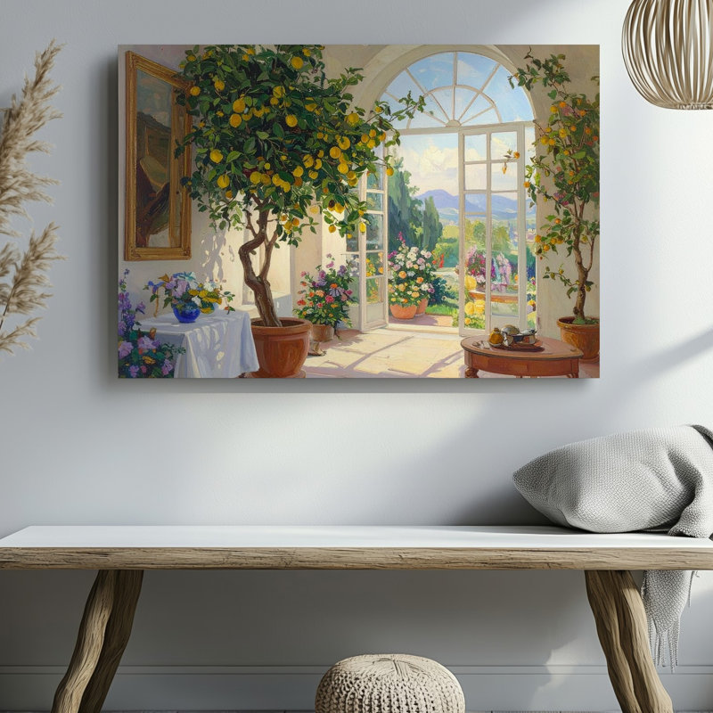 Art mural sur toile, jardin ensoleillé méditerranéen conservatoire, H 30 po x l 40 po